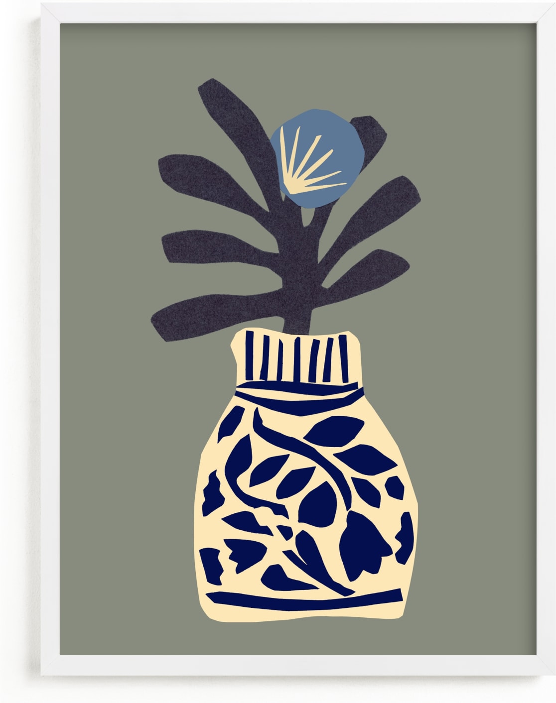 This is a blue art by Sonya Percival called Single flower in a porcelain vase.