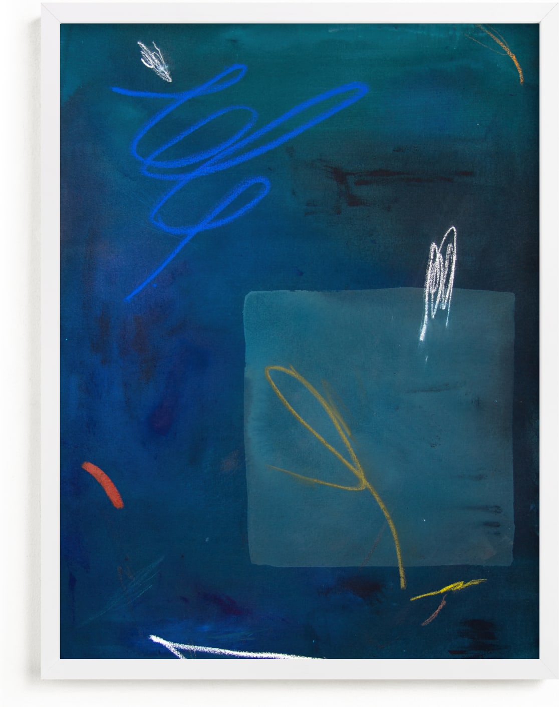 This is a blue, colorful art by Keren Toledano called BAIT & SWITCH.