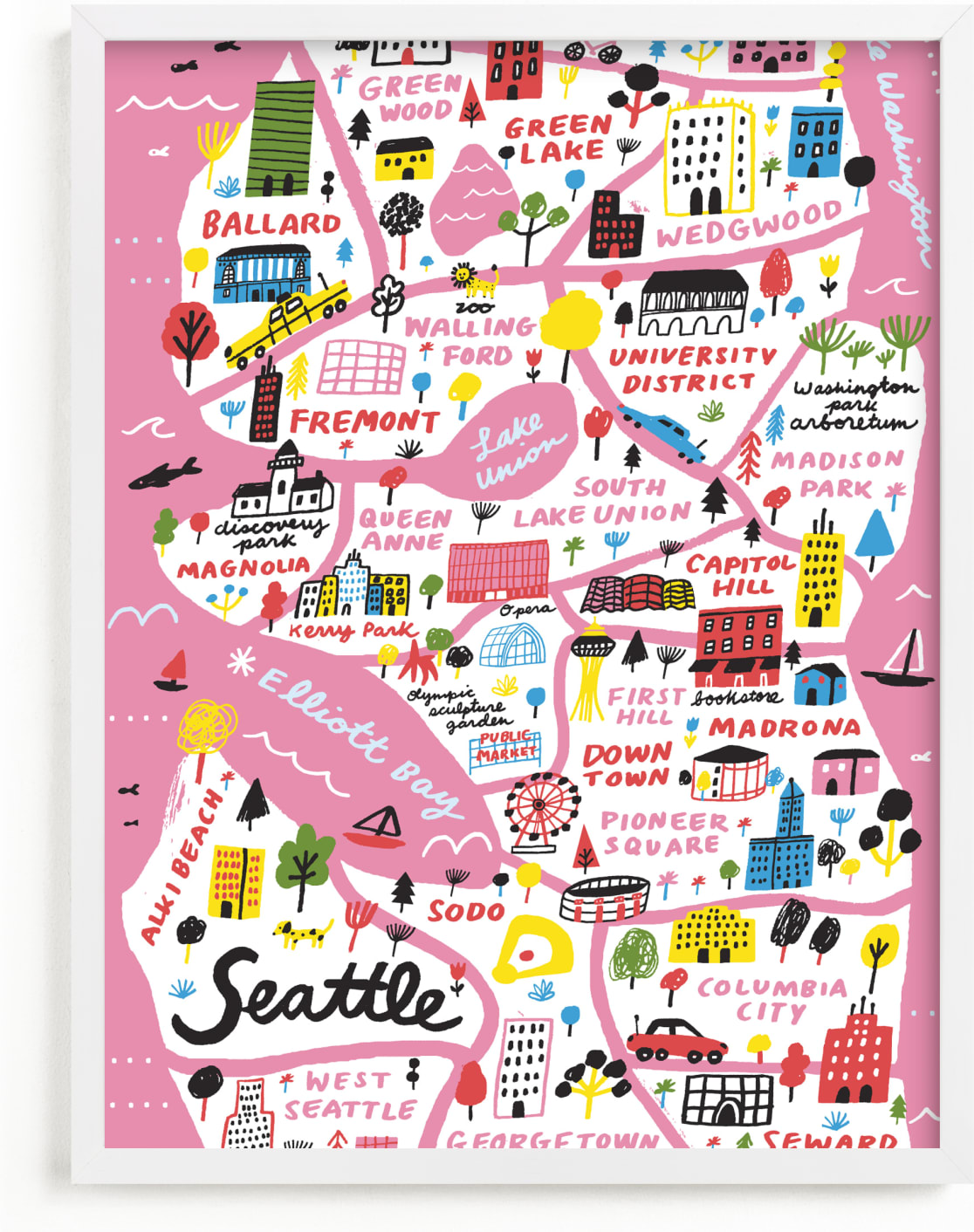 This is a colorful art by Jordan Sondler called I Love Seattle.