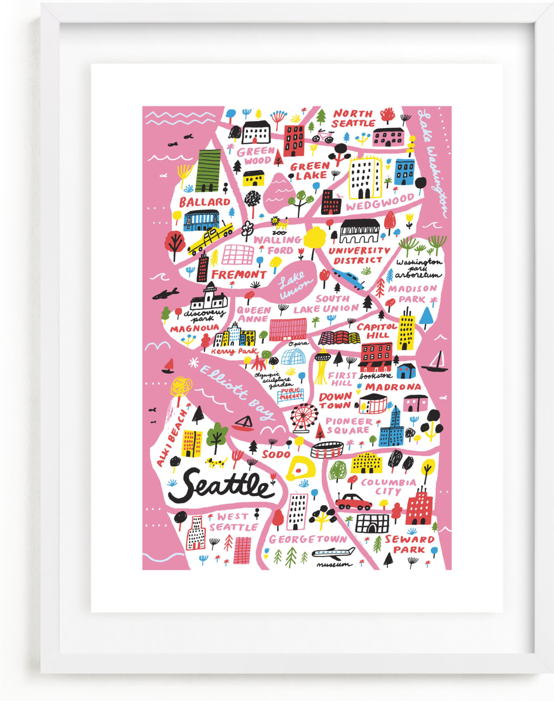 This is a colorful, white, pink art by Jordan Sondler called I Love Seattle.