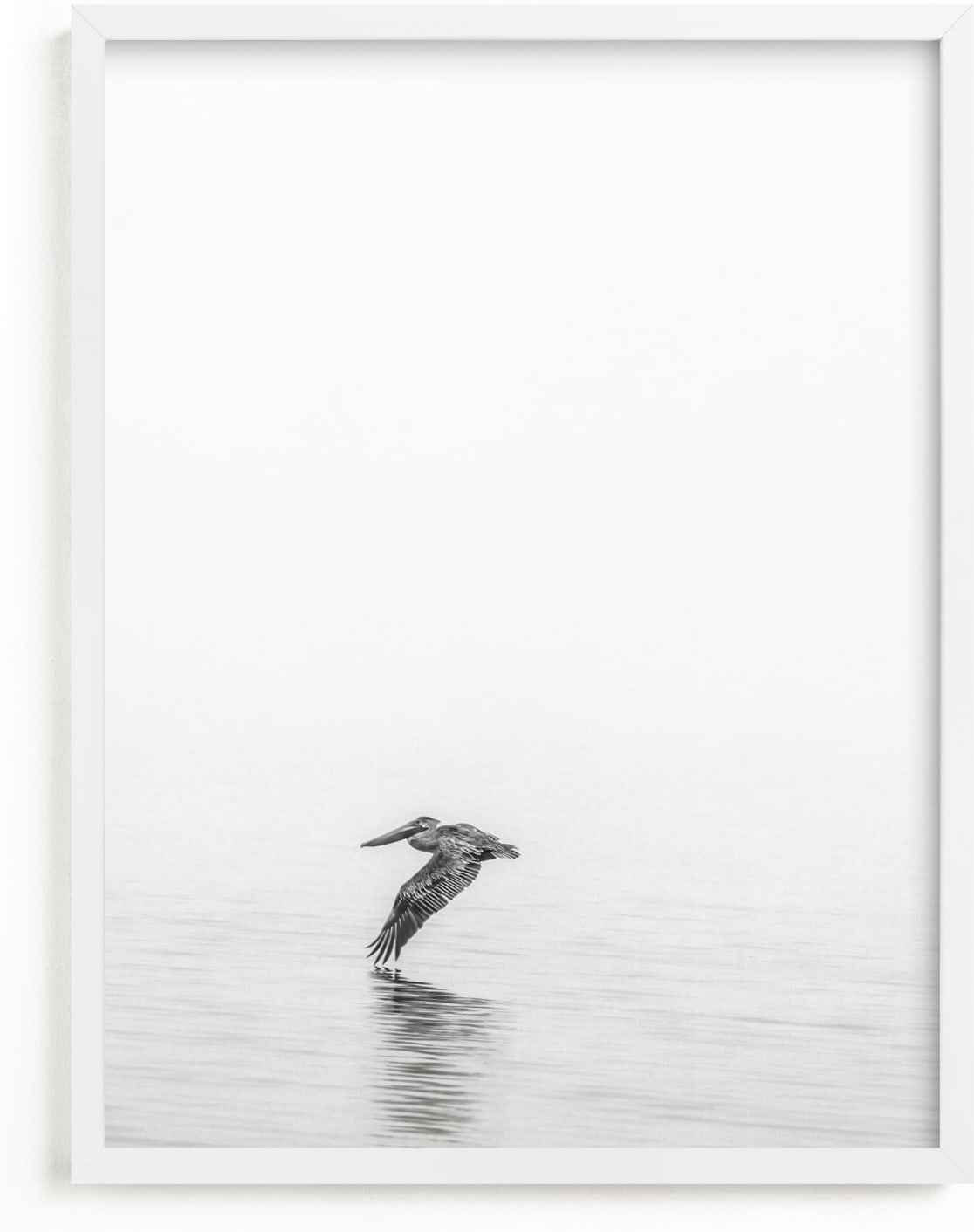 This is a black and white art by Mary Ann Glynn-Tusa called Pelican on Lake.