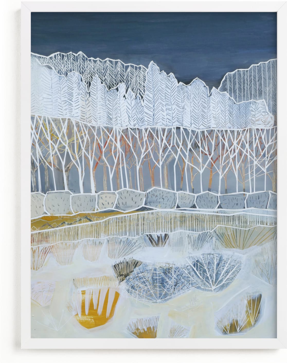 This is a blue art by Sarah Fitzgerald called White Woods.