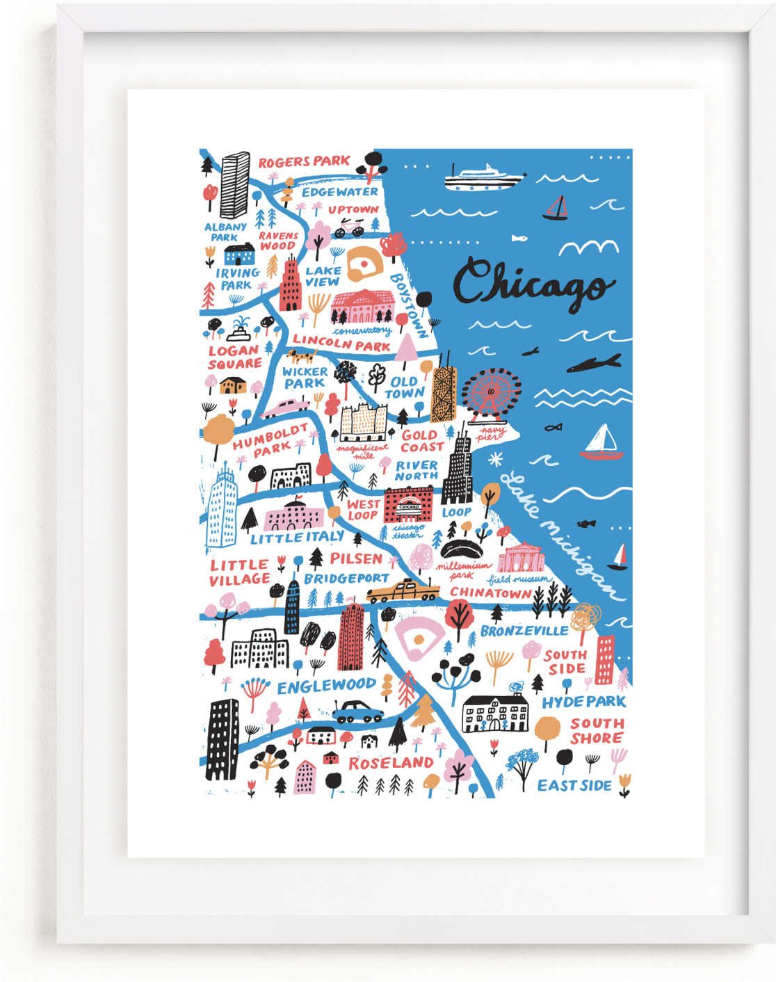This is a blue, colorful art by Jordan Sondler called I Love Chicago.