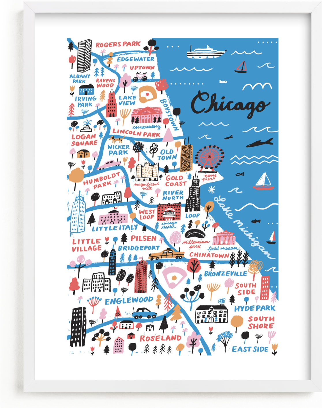 This is a blue art by Jordan Sondler called I Love Chicago.