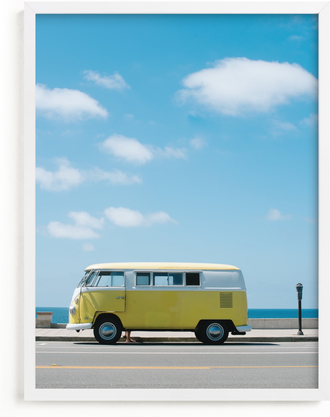 This is a blue art by Jennifer Little called Yellow Van II.