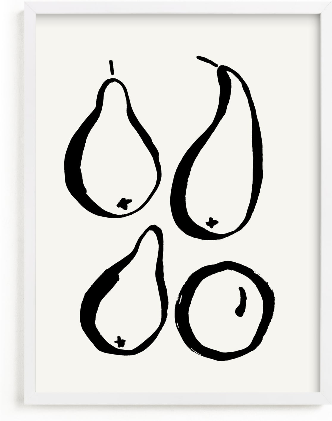 This is a black and white art by Sonya Percival called Still-life with four pears.