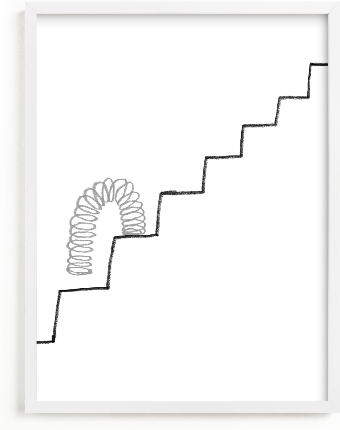 This is a black and white art by Elliot Stokes called Slinky on the Stairs.