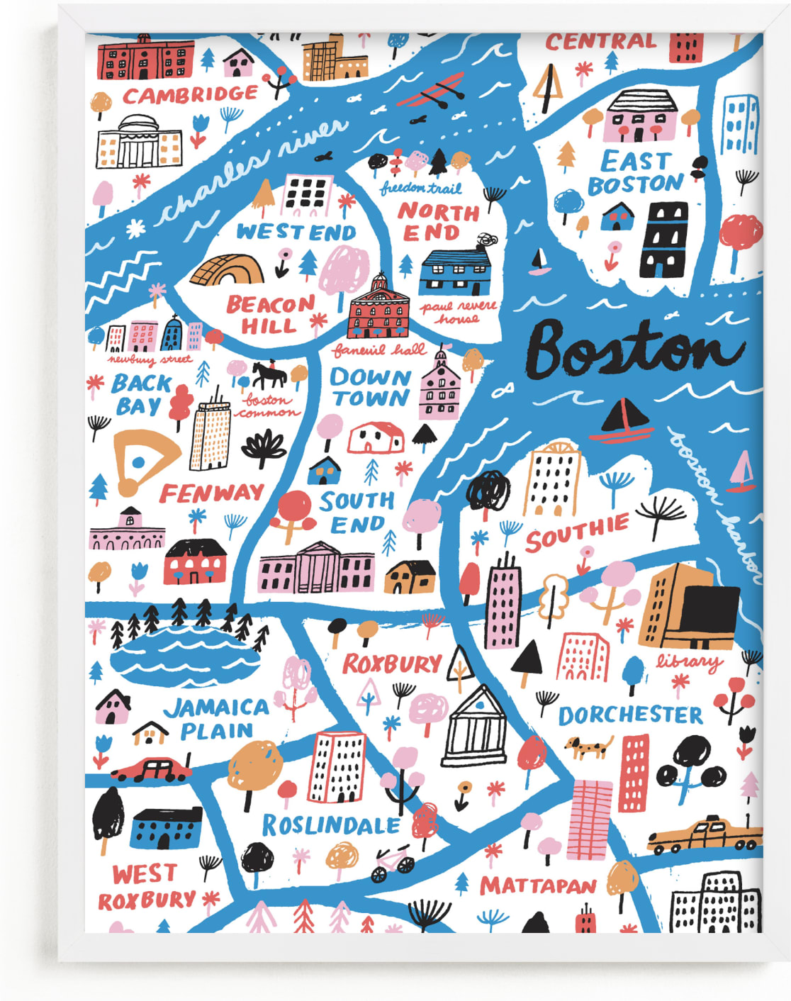 This is a blue art by Jordan Sondler called I Love Boston.