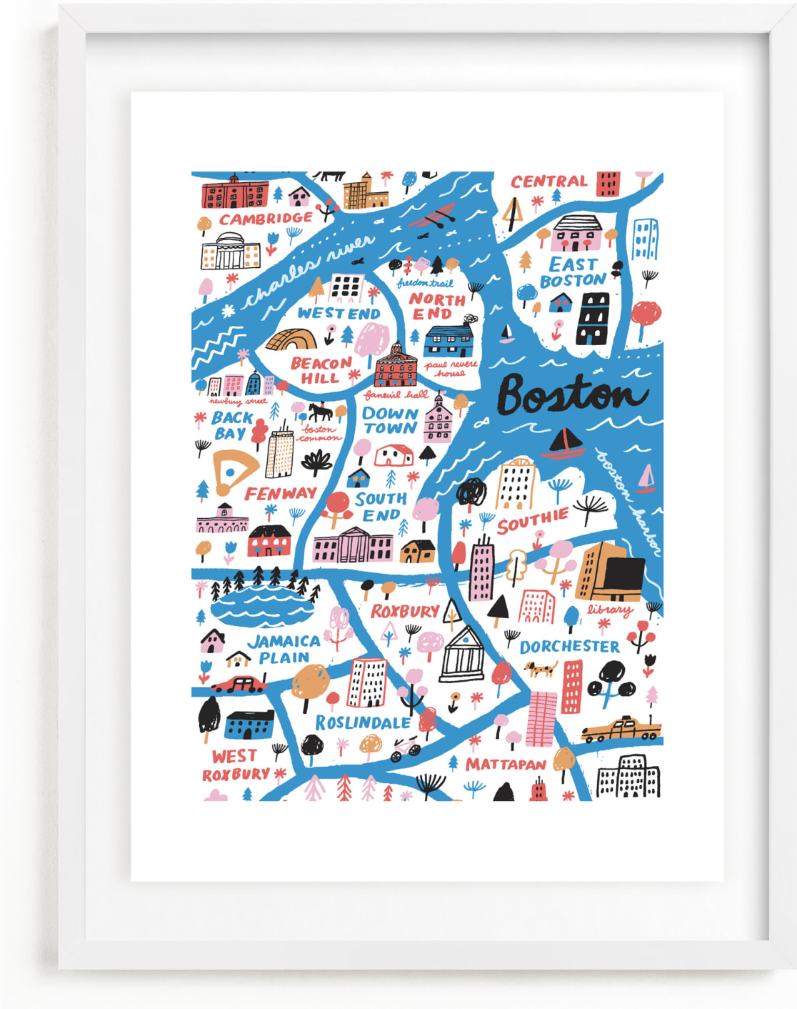 This is a blue art by Jordan Sondler called I Love Boston.