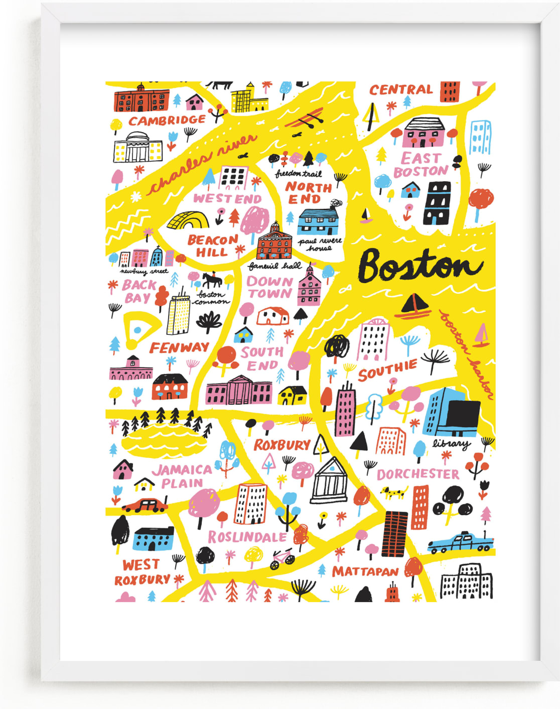 This is a yellow art by Jordan Sondler called I Love Boston.