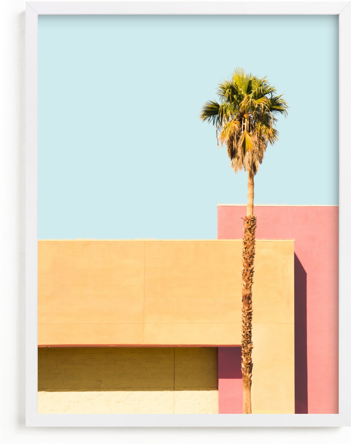 This is a blue, yellow, pink art by Lisa Sundin called Palm Springs - A Color Study II.