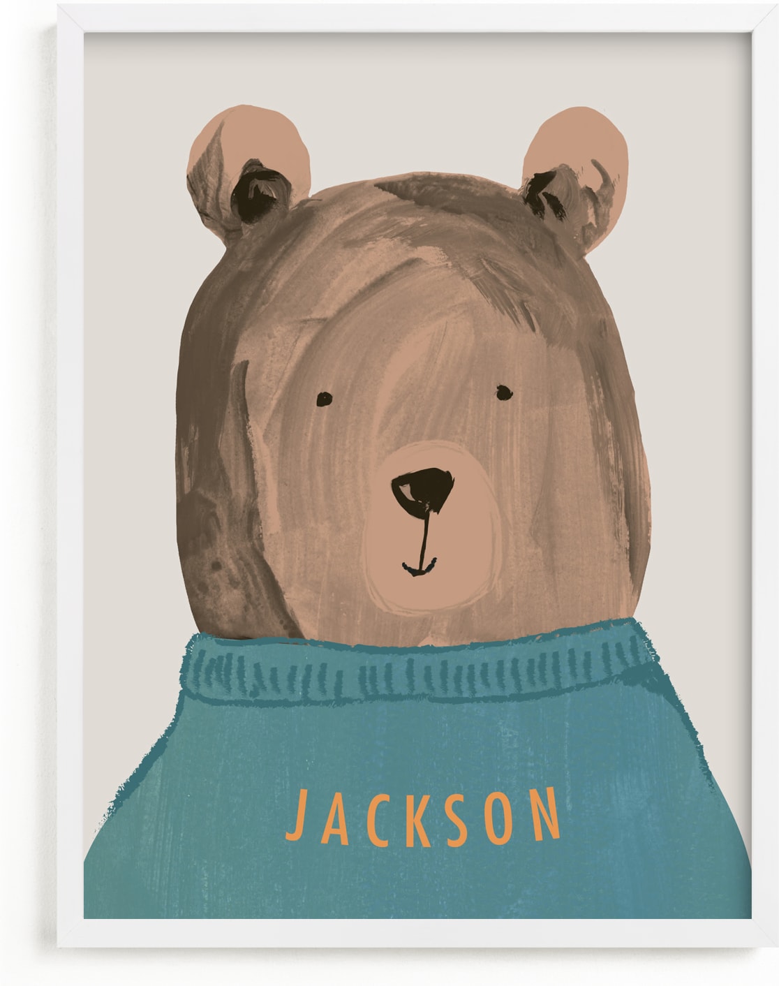 This is a blue, brown personalized art for kid by Teju Reval called Little Bear.