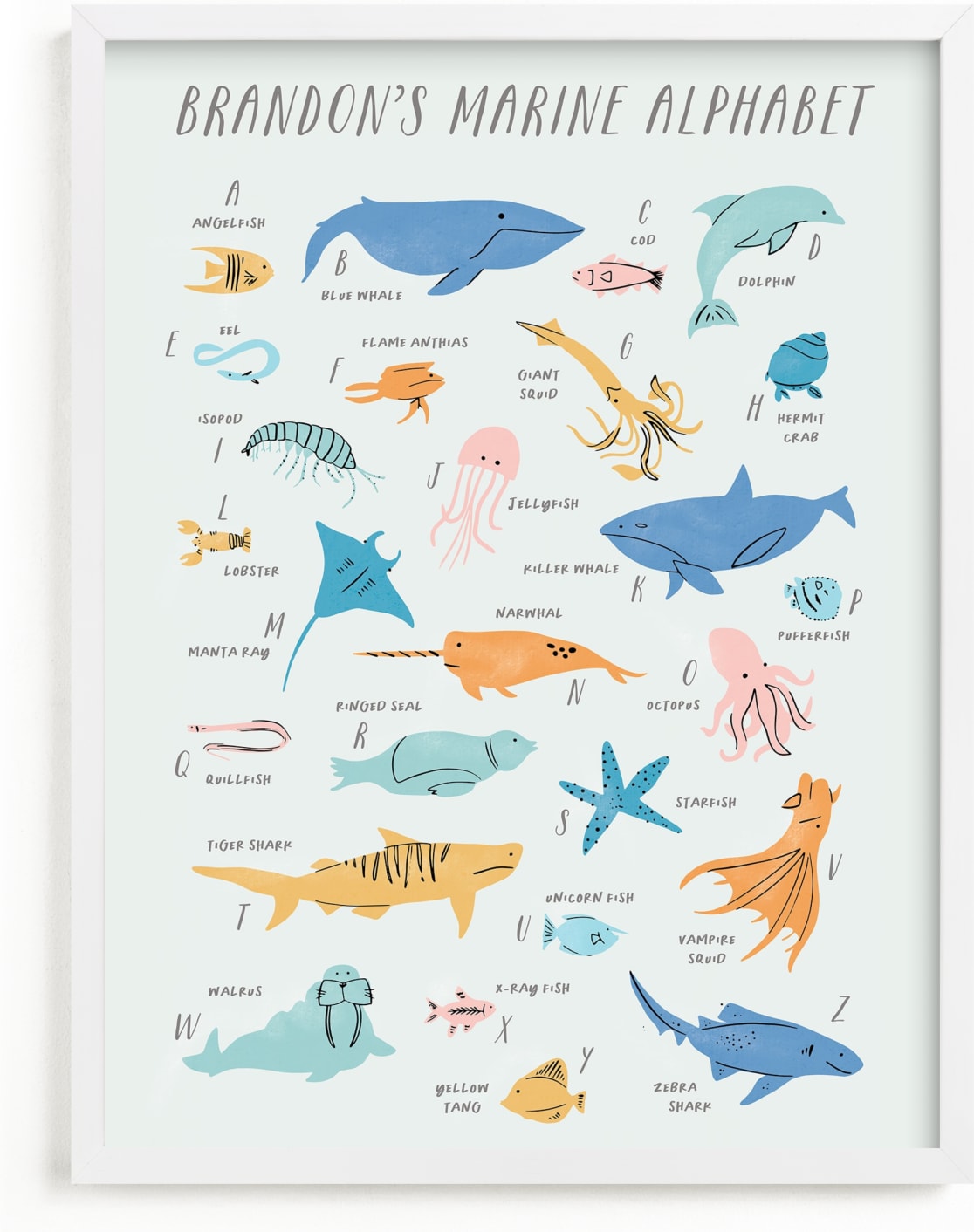 This is a blue personalized art for kid by Creo Study called Sea life alphabet.