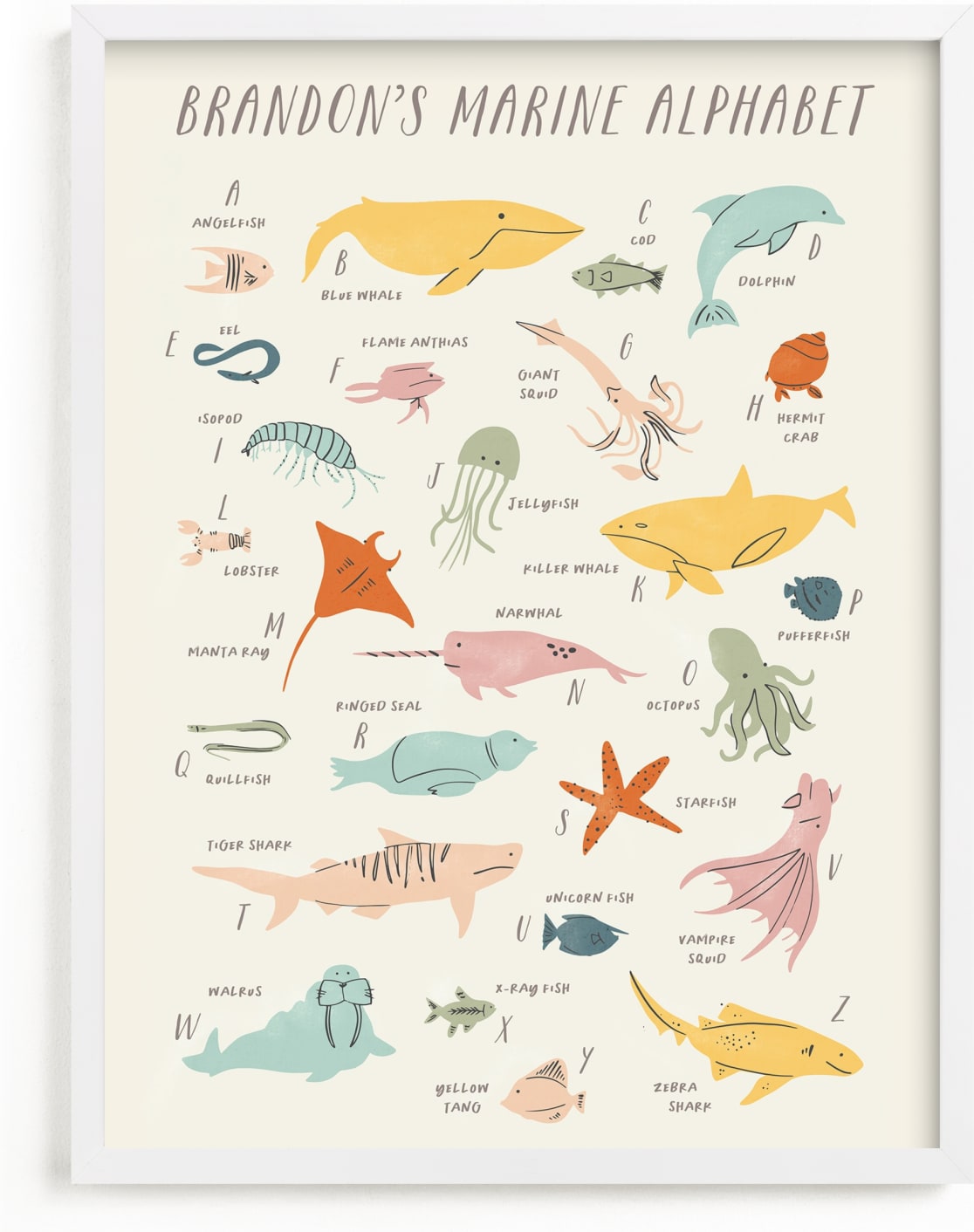 This is a ivory personalized art for kid by Creo Study called Sea life alphabet.
