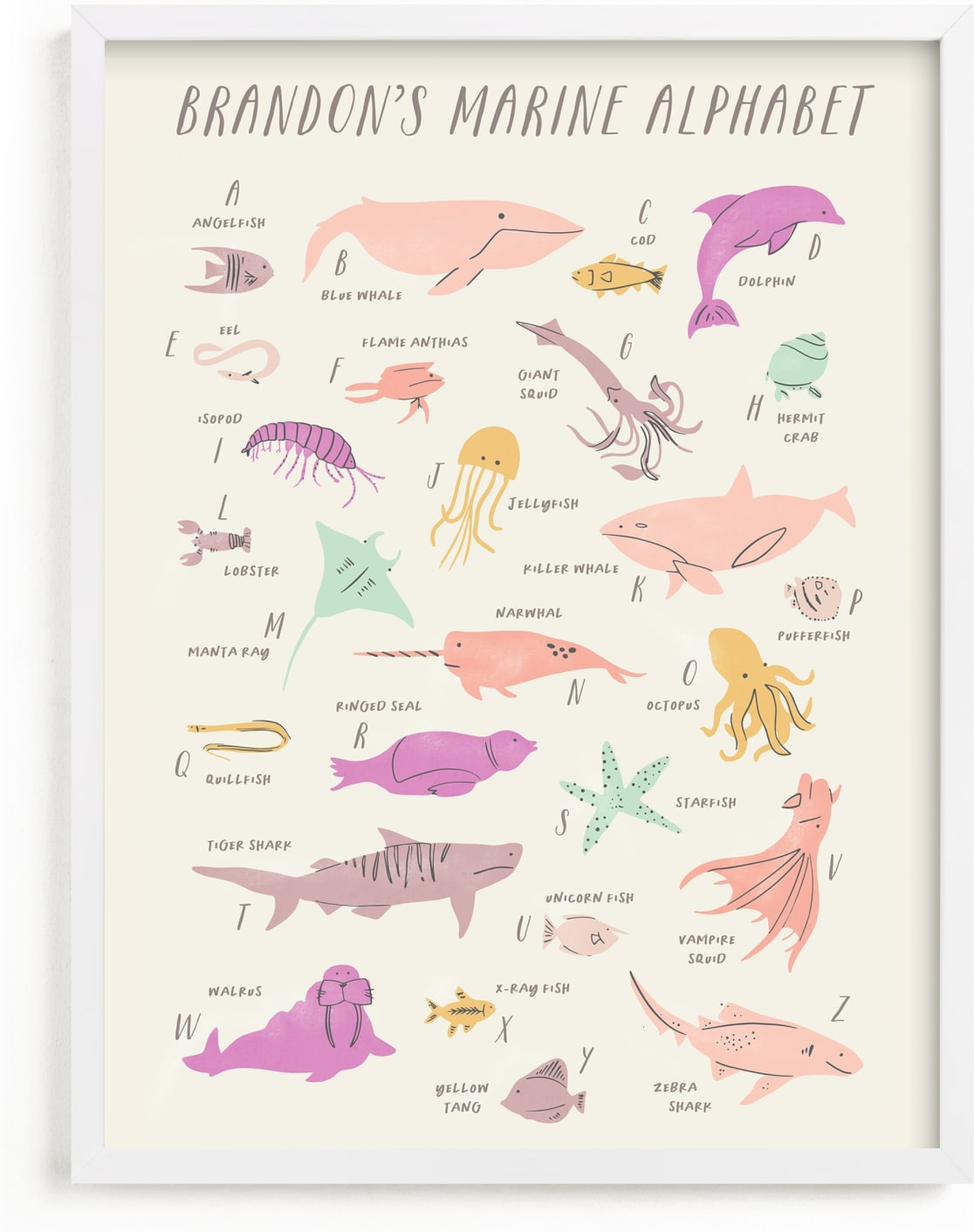 This is a colorful personalized art for kid by Creo Study called Sea life alphabet.