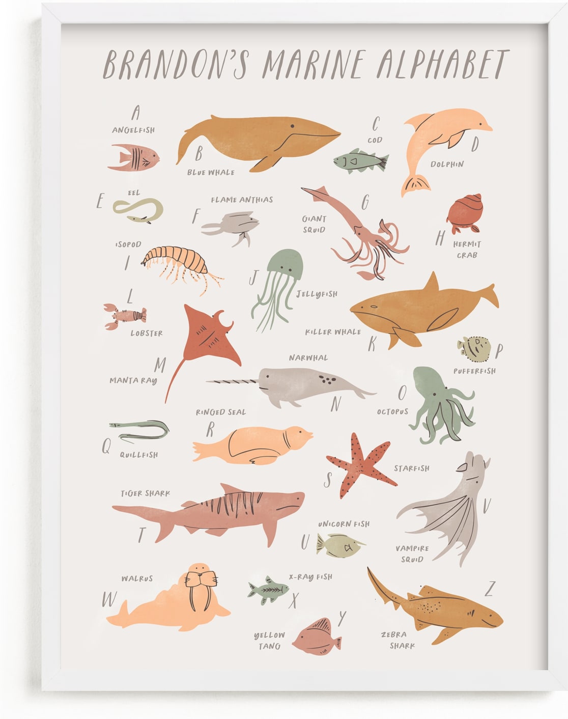 This is a yellow personalized art for kid by Creo Study called Sea life alphabet.