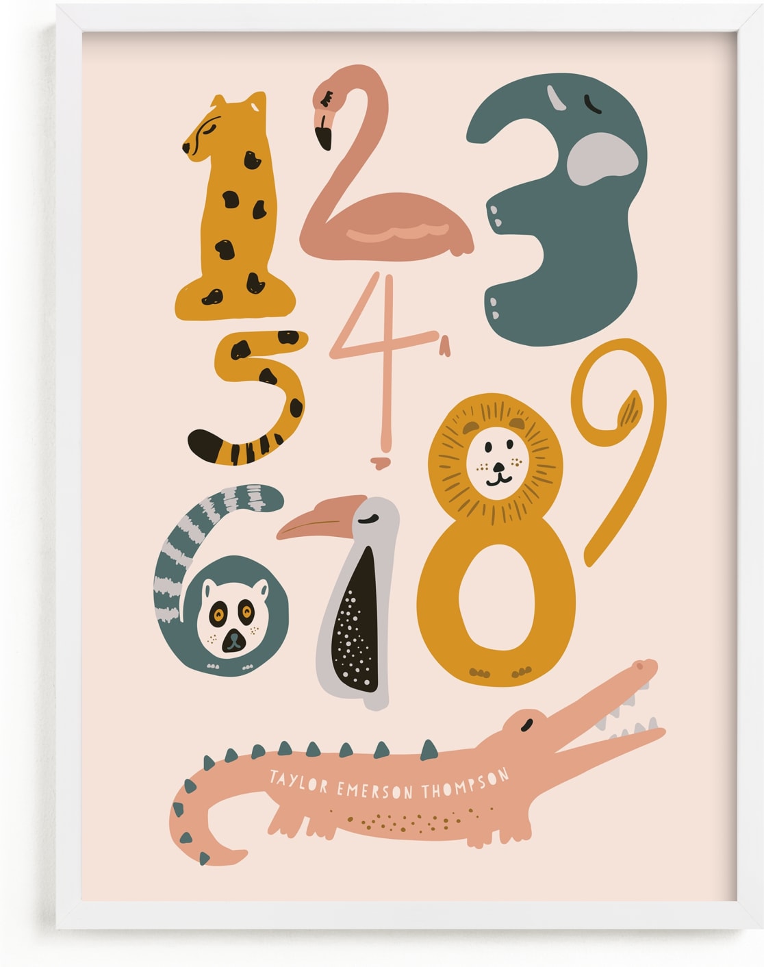 This is a colorful, pink personalized art for kid by Jenna Holcomb called Safari Friends Numerals.