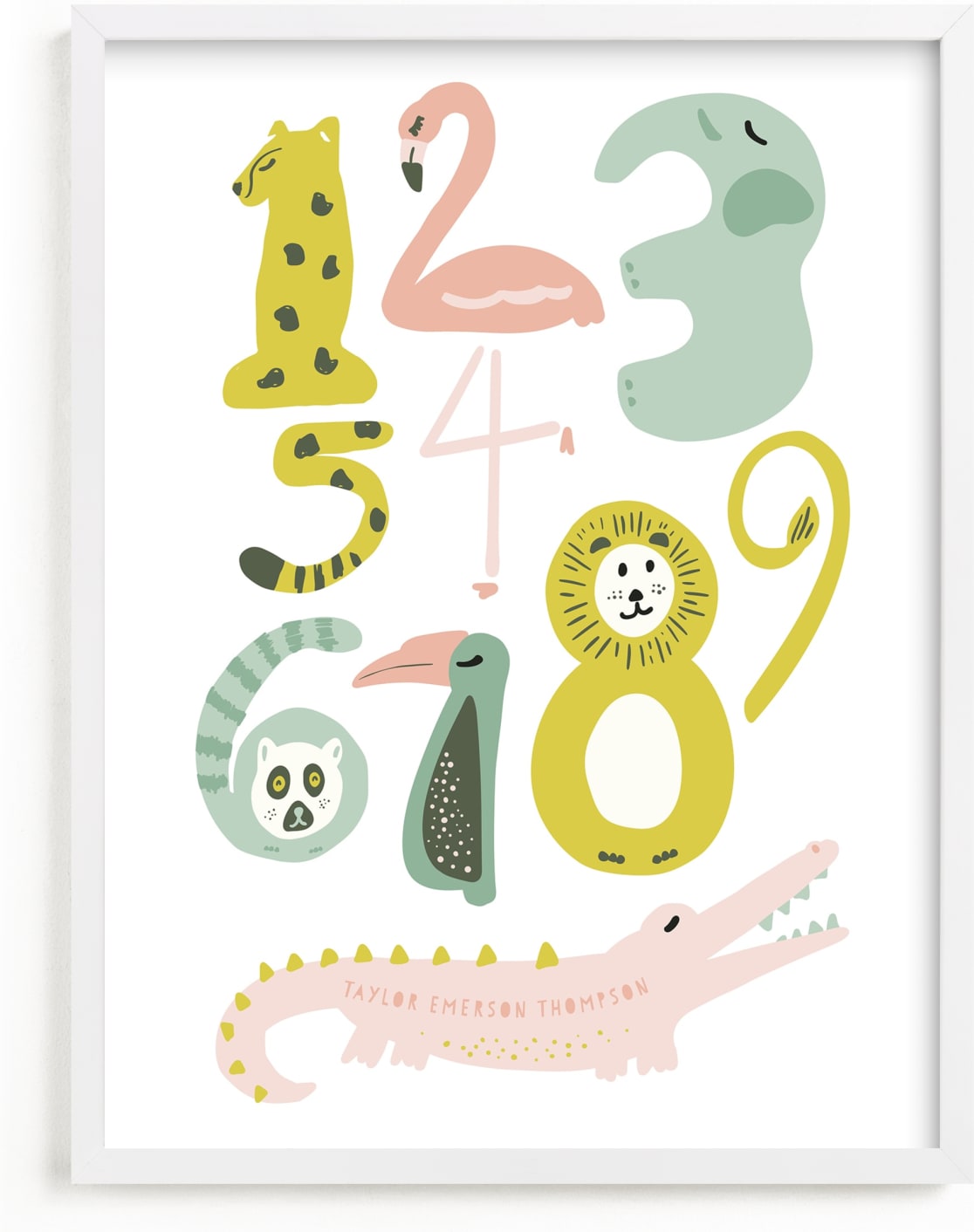 This is a colorful personalized art for kid by Jenna Holcomb called Safari Friends Numerals.