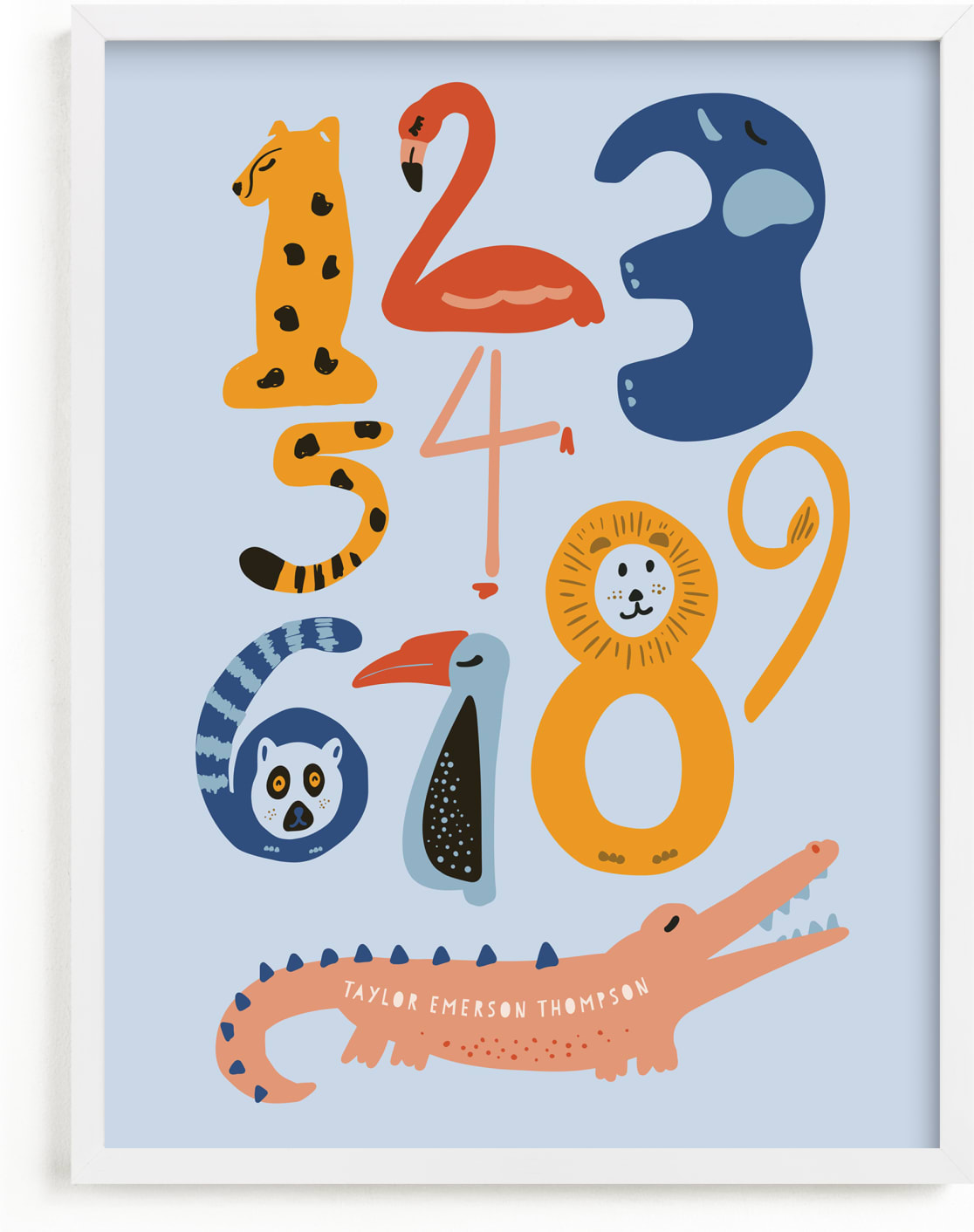 This is a blue personalized art for kid by Jenna Holcomb called Safari Friends Numerals.