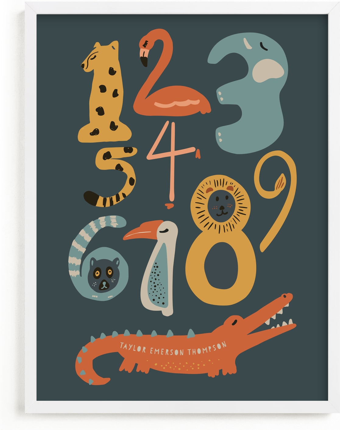This is a colorful personalized art for kid by Jenna Holcomb called Safari Friends Numerals.