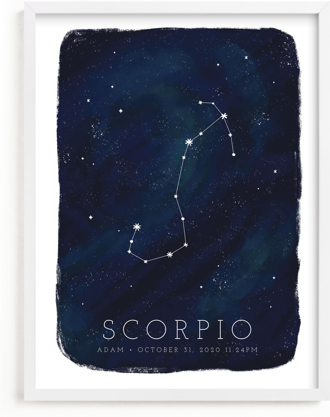 This is a blue personalized art for kid by Ashley Presutti Beasley called Zodiac Constellation Scorpio.