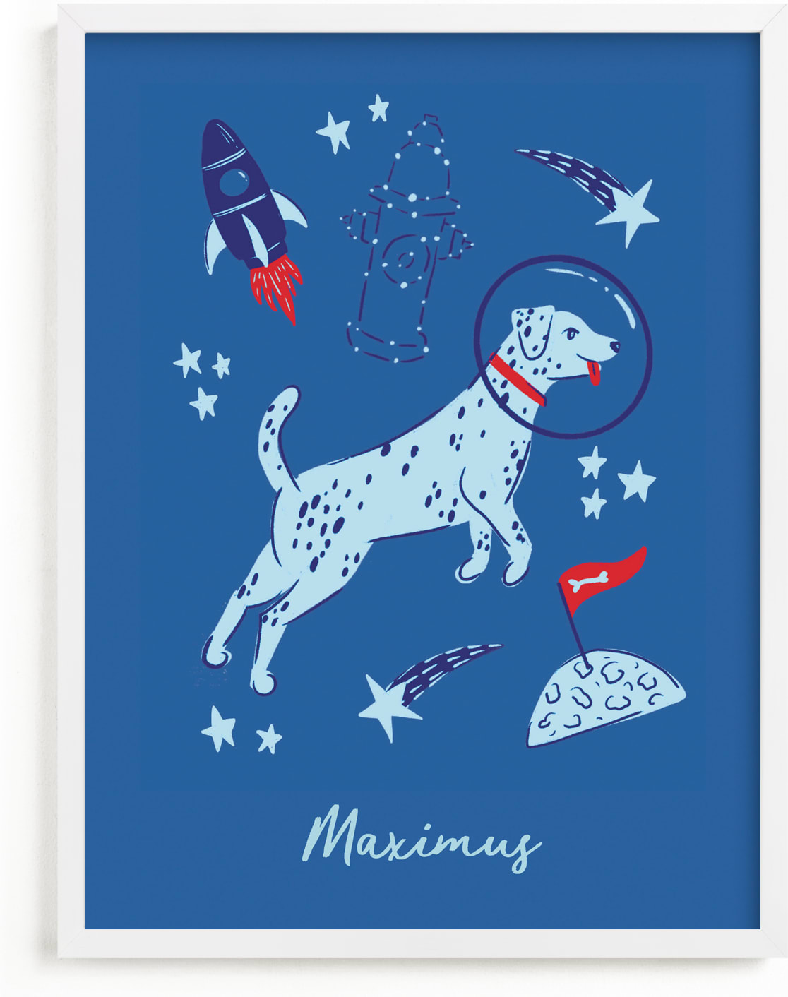 This is a blue personalized art for kid by Kristin Mastoras called Space Pup.