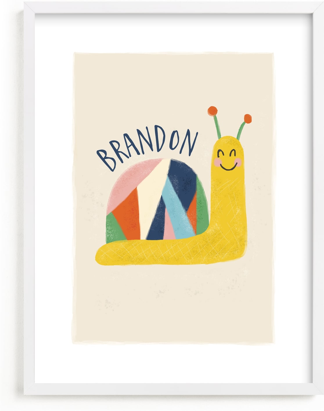 This is a colorful personalized art for kid by Vera Lim called Snailed it.