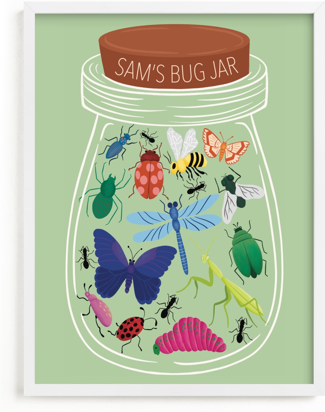 This is a green personalized art for kid by DorothyDear Creations called Bug Jar.