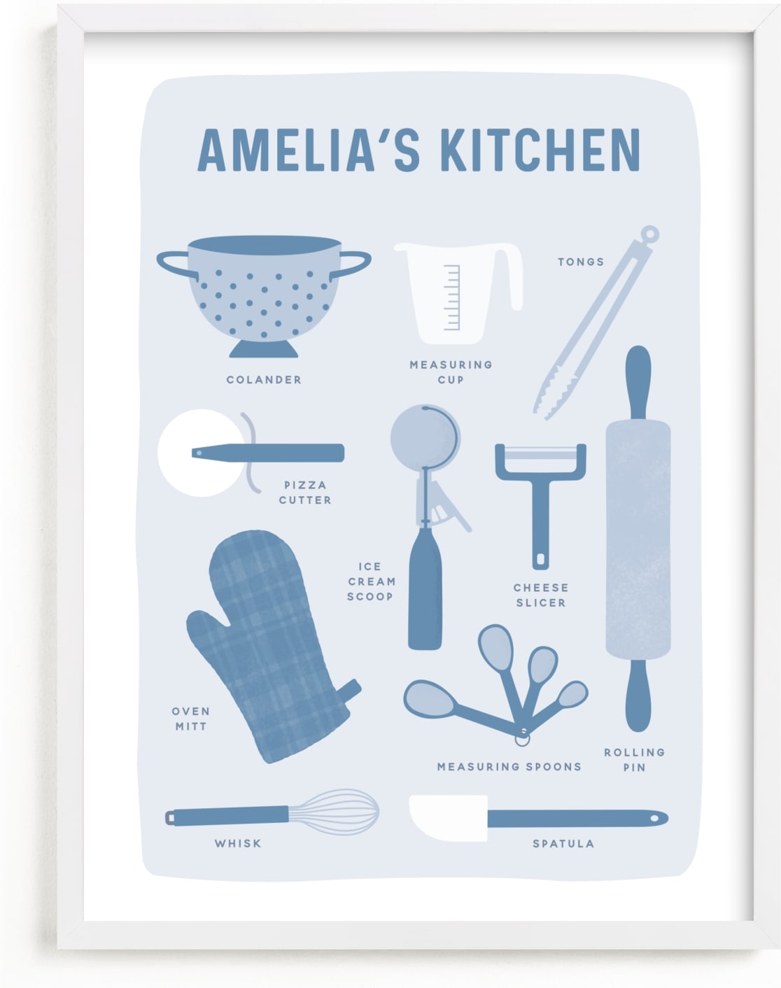 This is a blue personalized art for kid by Dawn Pope called Kitchenware.