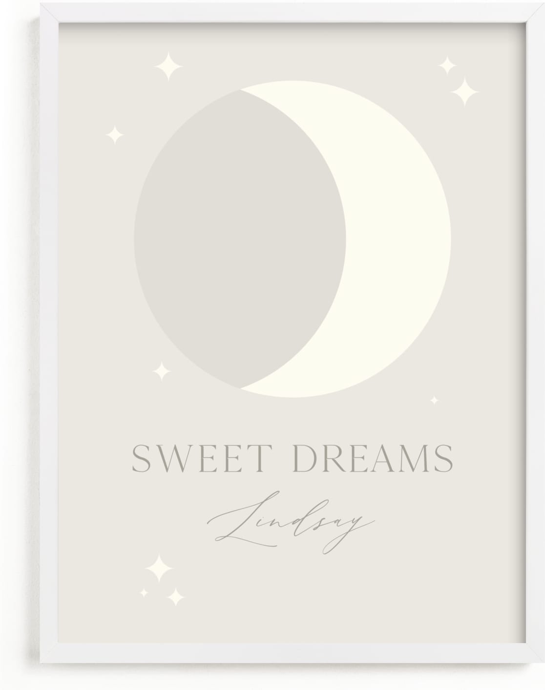 This is a grey personalized art for kid by Alexandra Cohn called Sweet Dreams Moon.