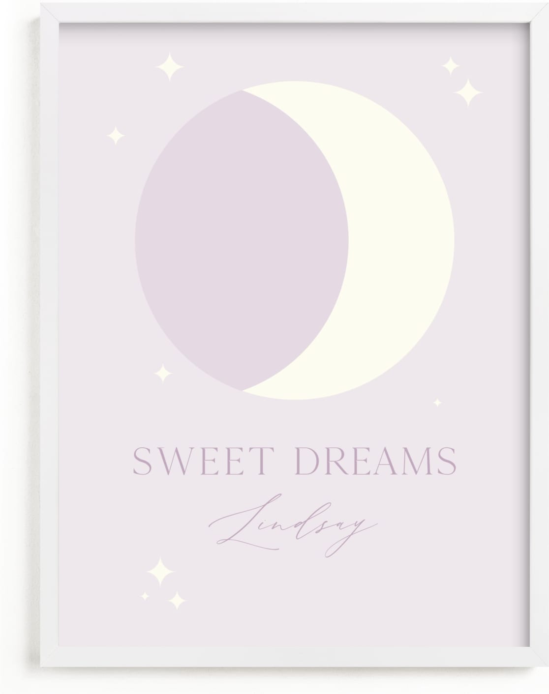 This is a purple personalized art for kid by Alexandra Cohn called Sweet Dreams Moon.