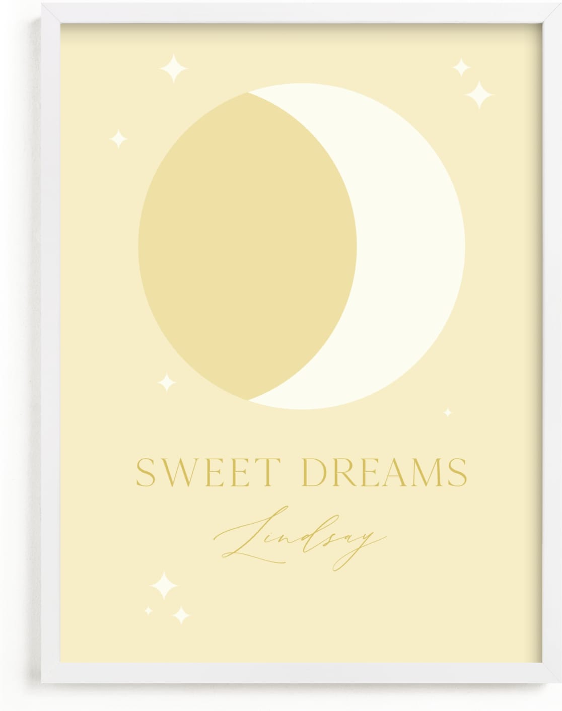 This is a yellow personalized art for kid by Alexandra Cohn called Sweet Dreams Moon.