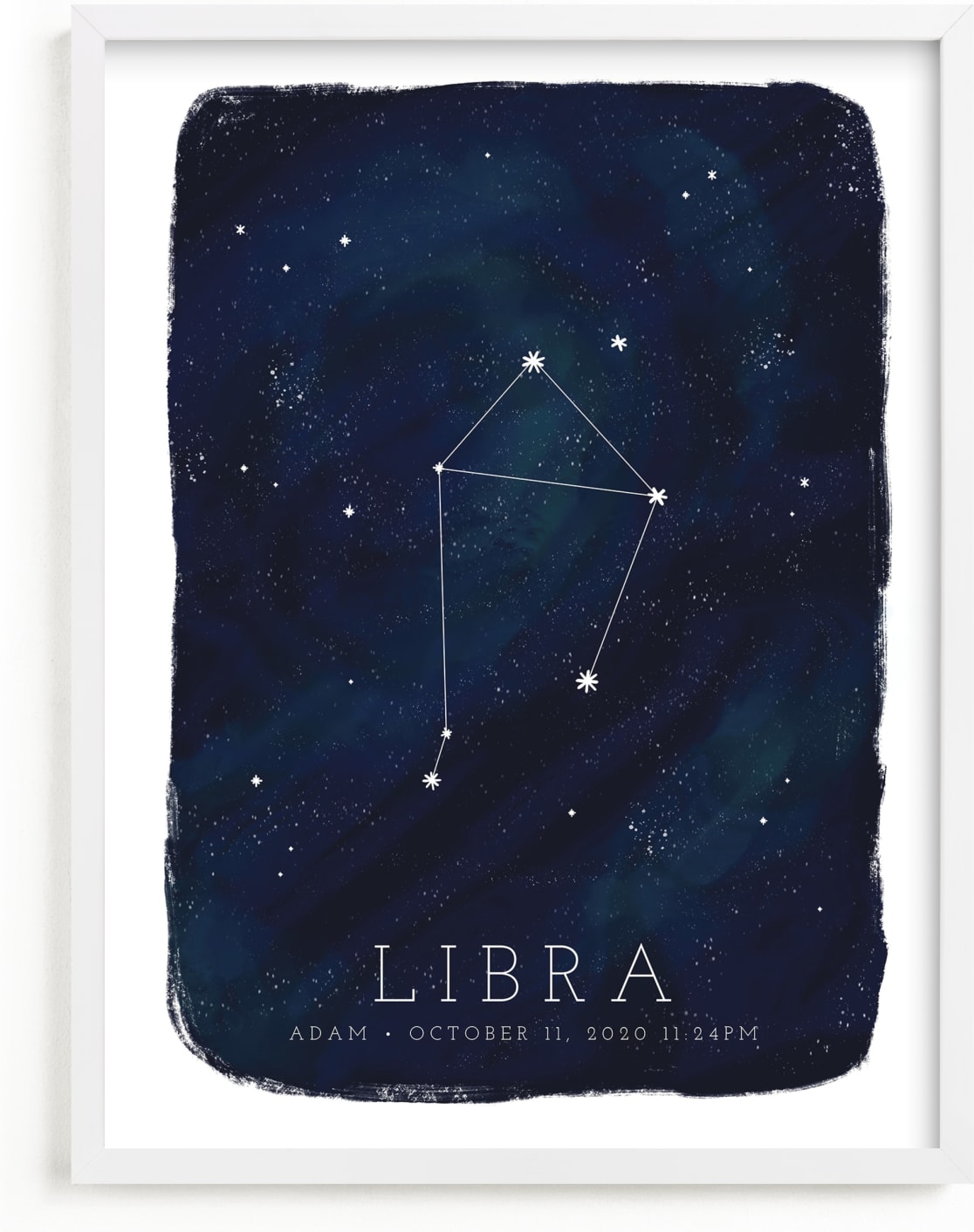 This is a blue personalized art for kid by Ashley Presutti Beasley called Zodiac Constellation Libra.