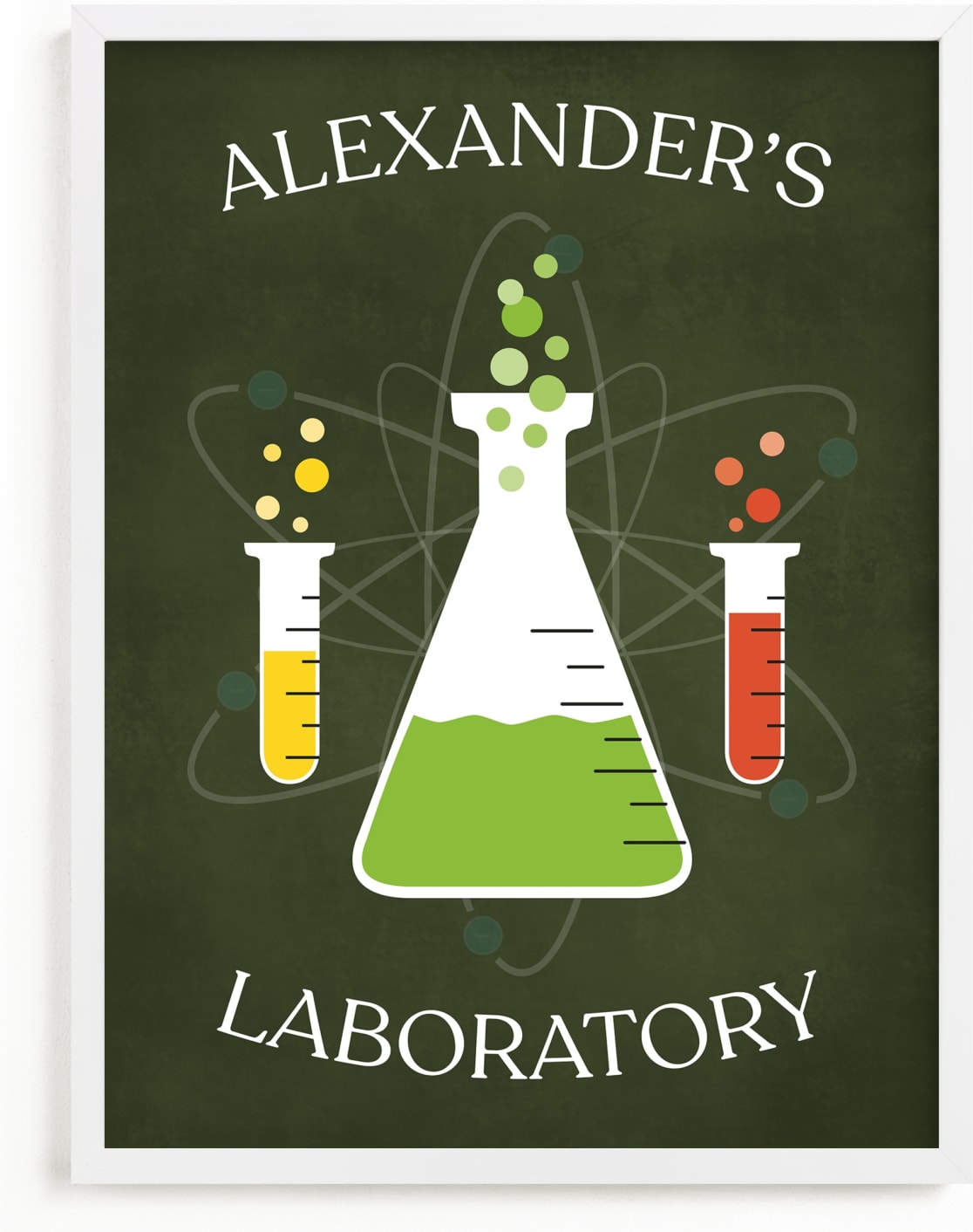 This is a green personalized art for kid by Heather Schertzer called Laboratory.
