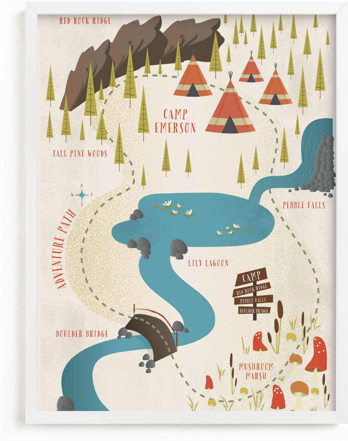 This is a colorful, red personalized art for kid by Grace Kreinbrink called Adventure Map.