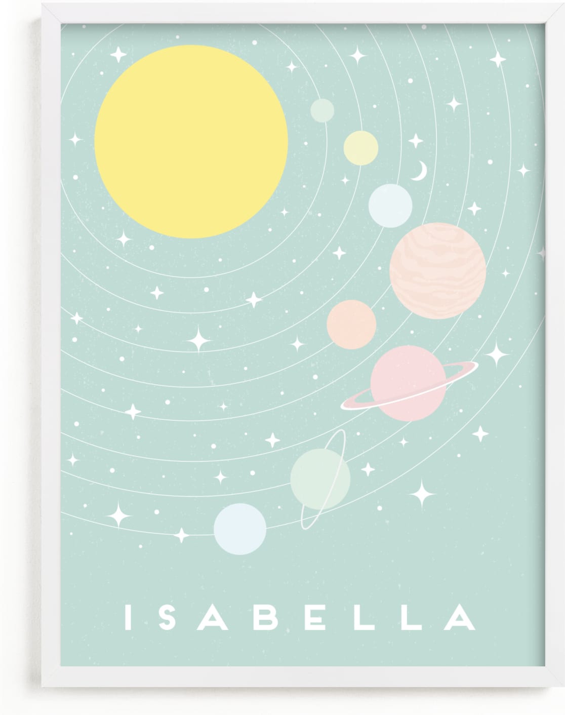 This is a colorful, green personalized art for kid by Maria Alou called Pastel Solar System.