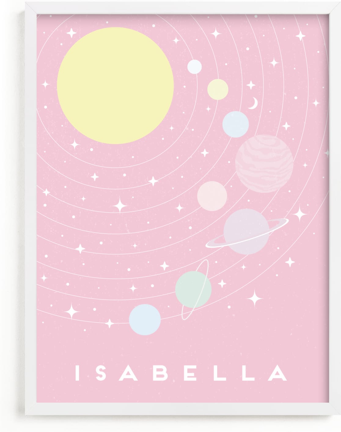 This is a pink personalized art for kid by Maria Alou called Pastel Solar System.