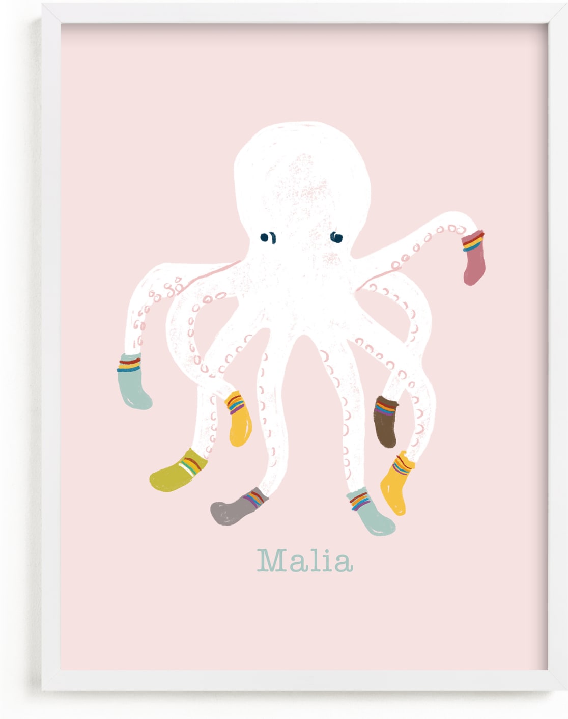 This is a pink personalized art for kid by Celeste Duffy called Socktopus.