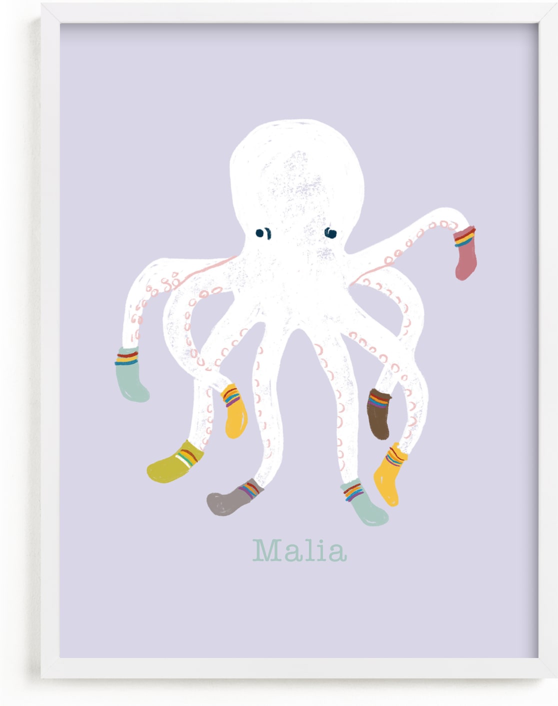This is a purple personalized art for kid by Celeste Duffy called Socktopus.