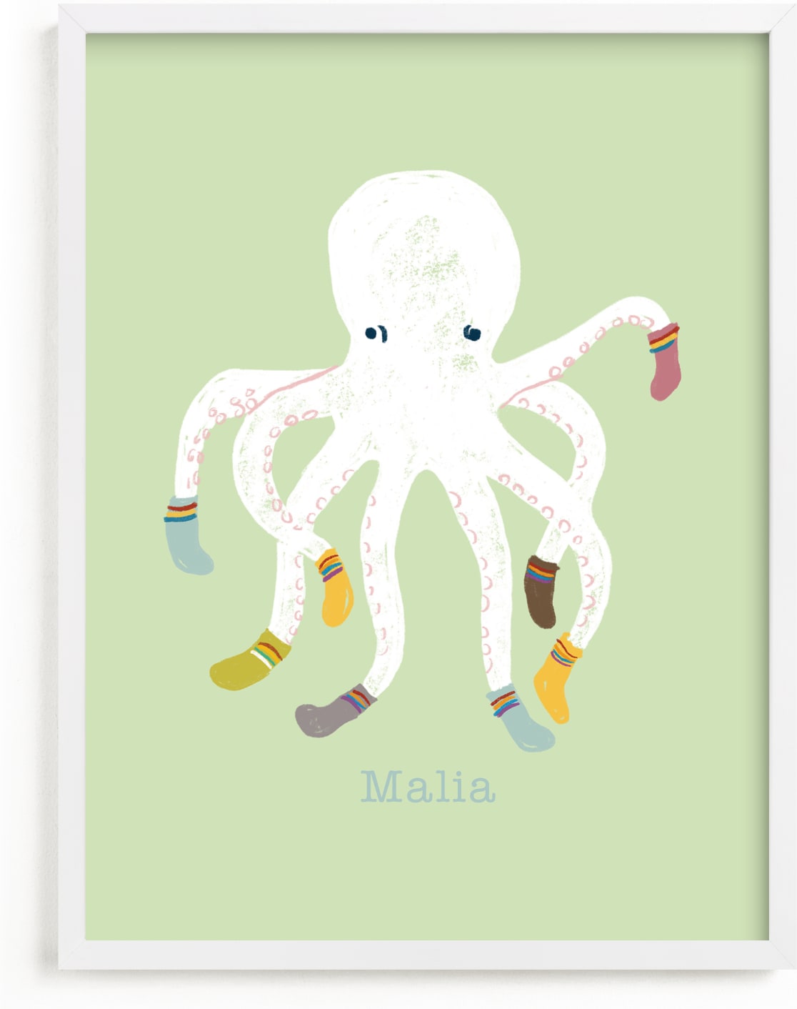 This is a green personalized art for kid by Celeste Duffy called Socktopus.