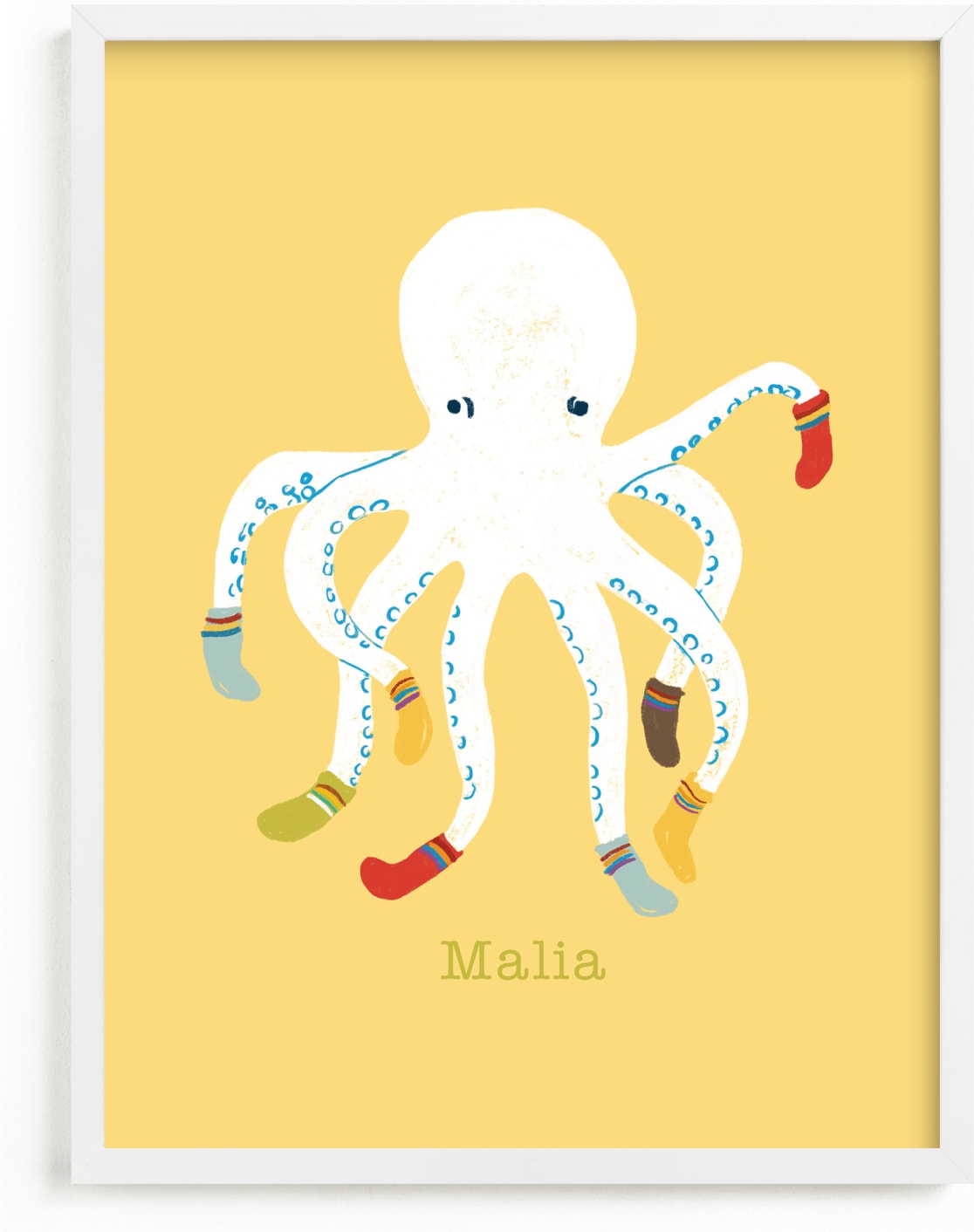 This is a yellow personalized art for kid by Celeste Duffy called Socktopus.