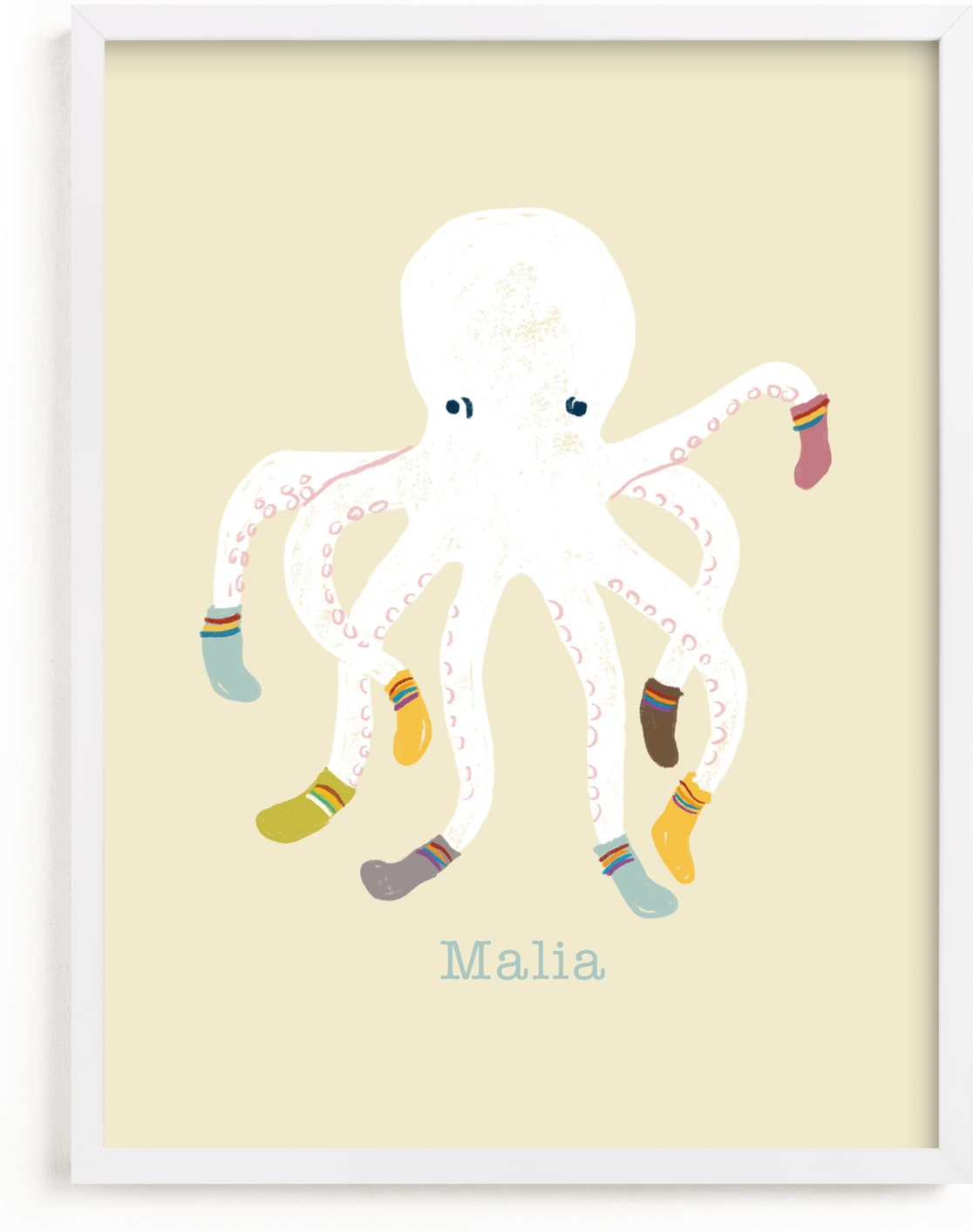 This is a ivory personalized art for kid by Celeste Duffy called Socktopus.
