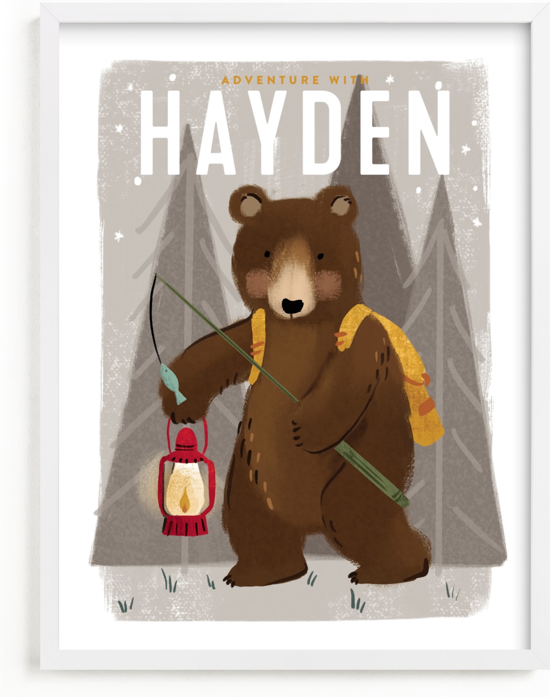 This is a brown, colorful, beige personalized art for kid by Rebecca Durflinger called Adventure bear.