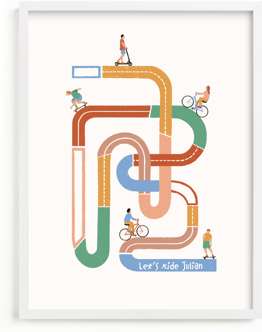 This is a colorful personalized art for kid by Pati Cascino called So many roads to ride.