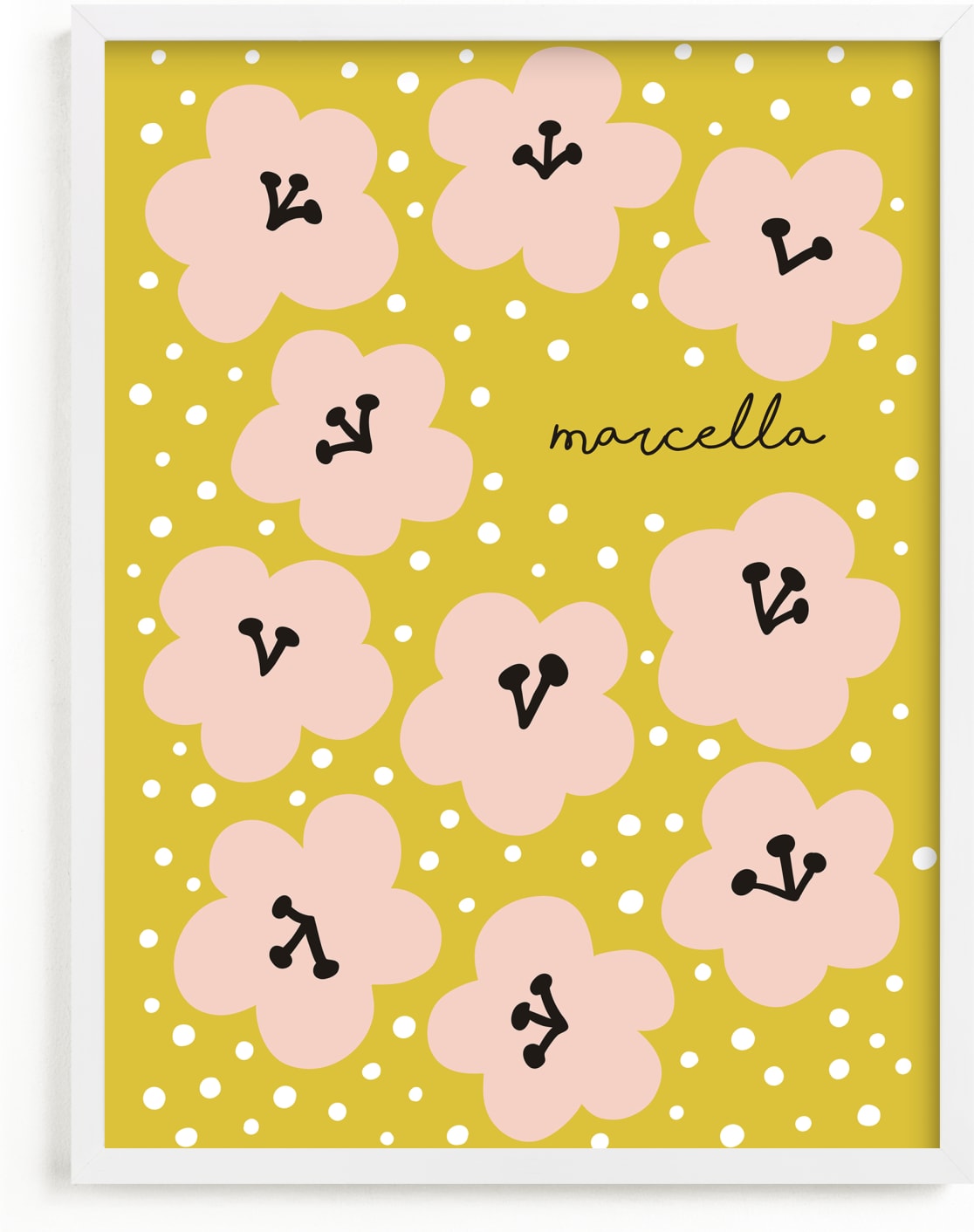 This is a yellow, pink personalized art for kid by Nieves Herranz called Marcella.