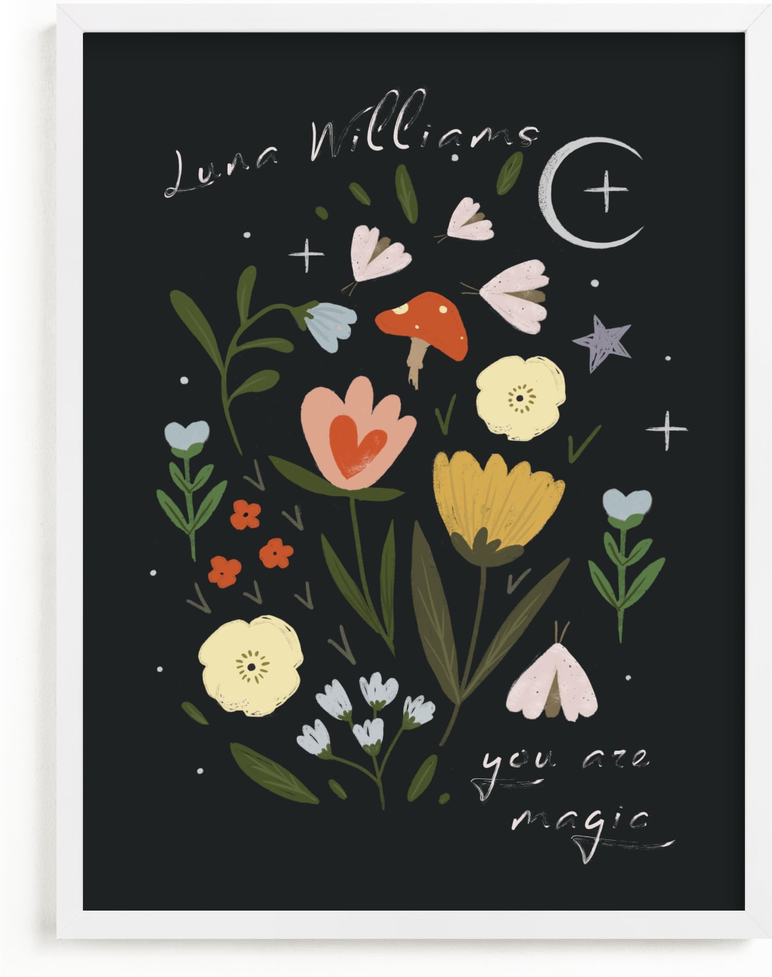 This is a colorful, black personalized art for kid by Hannah Williams called Magic Florals.