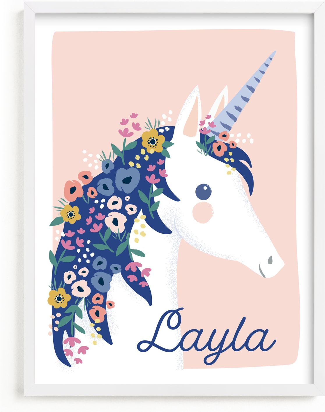This is a blue personalized art for kid by Karidy Walker called garden unicorn.