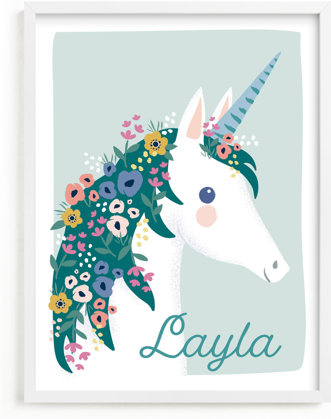This is a colorful personalized art for kid by Karidy Walker called garden unicorn.