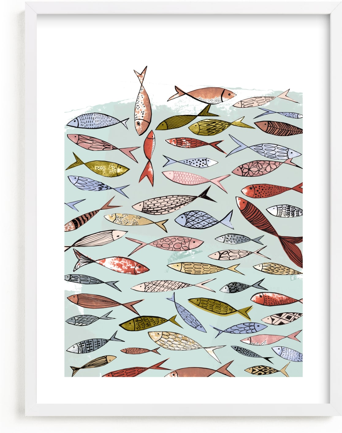 This is a blue kids wall art by Bethania Lima called Snapshot of a party in the sea.