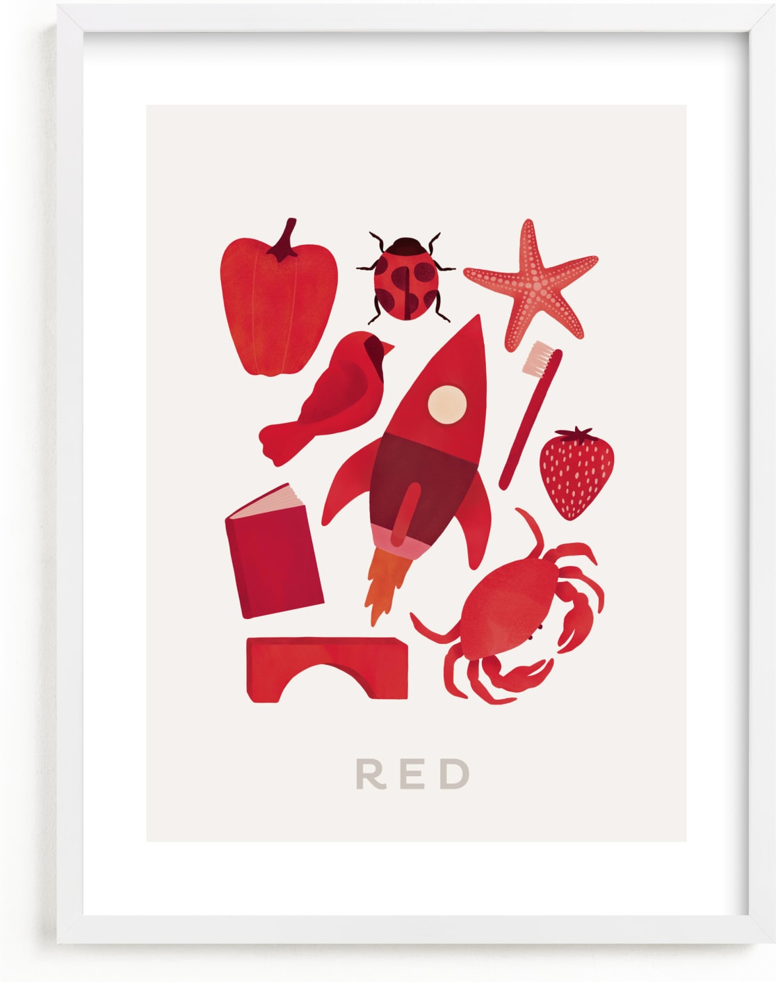 This is a classic colors kids wall art by Ana Peake called Ten Red Things.